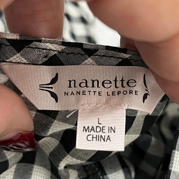 Nanette Nanette Lepore Gingham Plaid Bell Sleeve Peplum Blouse Womens L - Picture 2 of 9